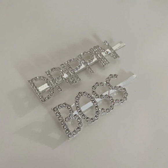 Crystal Rhinestone Studded Metal Hair Pin Accessories “DRIPPIN” & “BOSS” Set - Picture 7 of 11